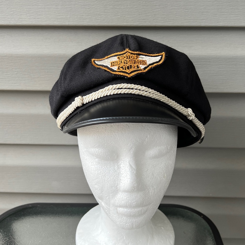 Vintage Harley Davidson Captains Hat Motorcycle Black Wool Leather Cap Sz L